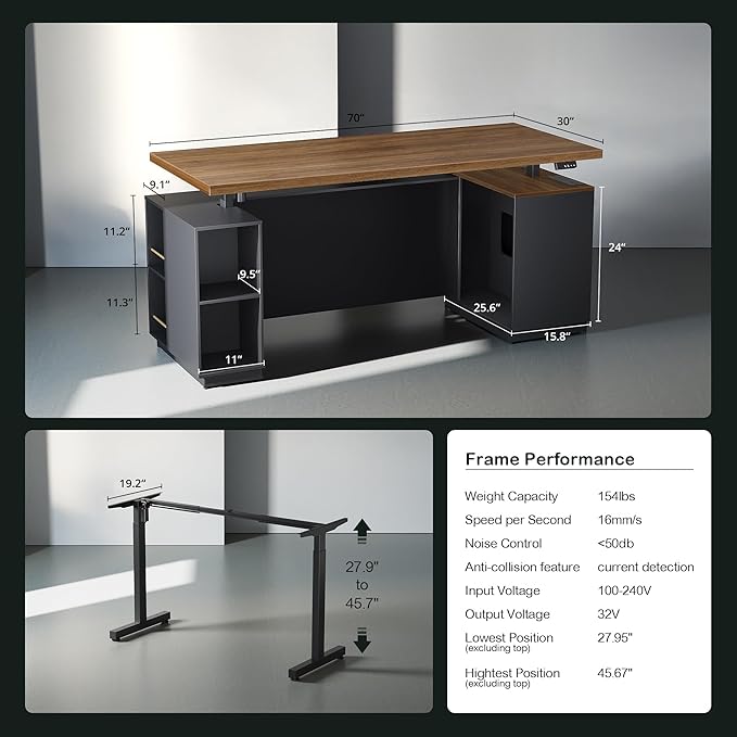 71 Standing Desk with 2 File Cabinet AC/USB 1.18 Desktop L Shaped Height Adjustable Desk Electric Furniture Set with Multiple Functions for Home and Office Black Walnut