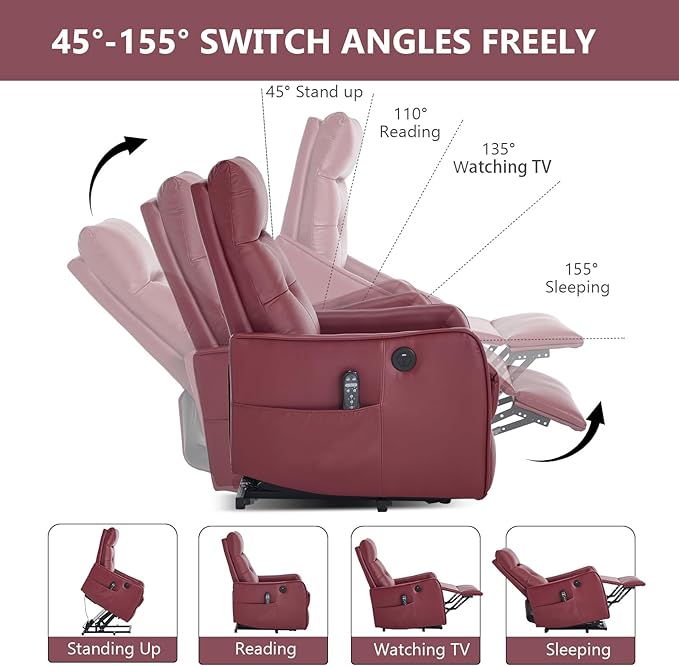 KEIKI Single Motor Power Lift Recliner Chair with Massage and Heat for Living Room Synthetic Leather Upholstery with USB Charging Port and Side Pockets for Seniors