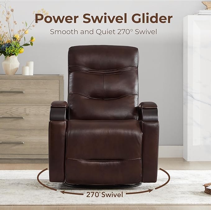 CHITA Genuine Leather Power Swivel Glider Rocker Recliner FSC Certified Mid Century Modern Recliner Chair for Adults Adjustable Power Headrest for Nursery and Living Room Cognac Brown
