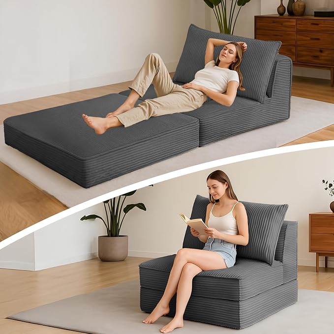 Folding Sofa Bed Convertible Sleeper Chair with PillowCorduroy Comfy Floor Futon for Living Room BedroomModern Accent Reading ChairNo Assembly RequiredGrey