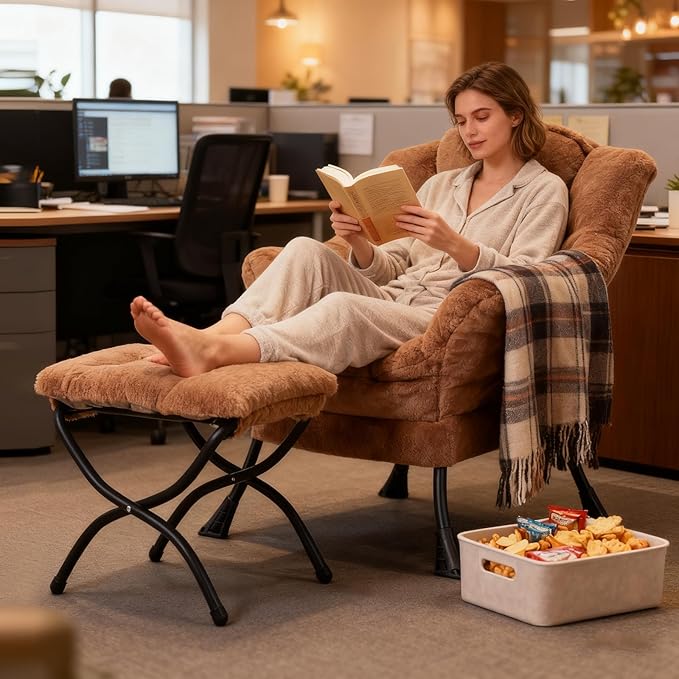 Welnow Lazy Chair with Ottoman Modern Accent Chair with Armrests and a Side Pocket Leisure Sofa Armchair Reading Armchair with Footrest for Small Space Plush Brown