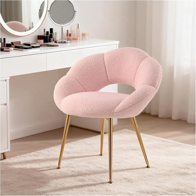 Petal Makeup Vanity Chair with BackModern Dining ChairUpholstered Desk Chair for Girls with Gold Metal Legs for Home OfficeBedroom (Pink)