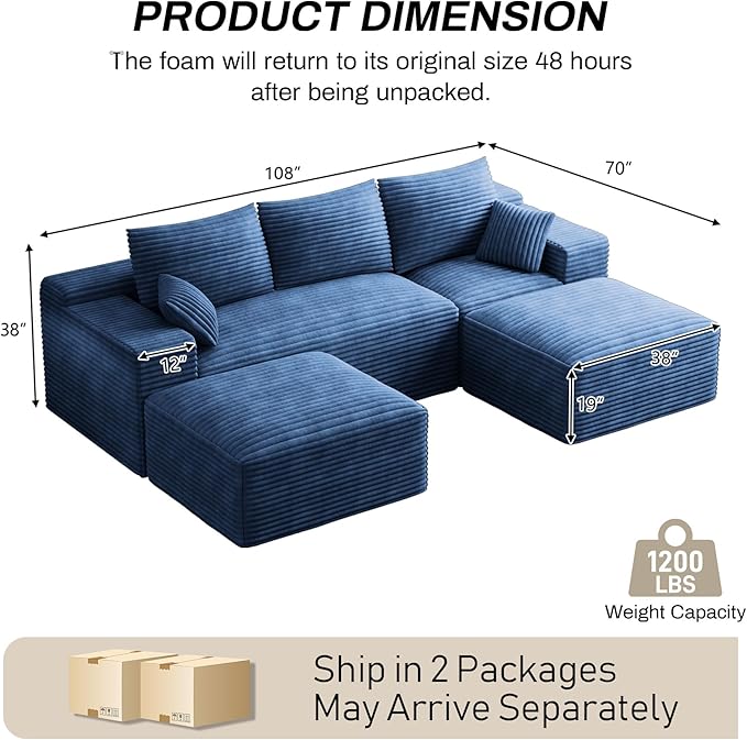 108 Oversized U-Shaped Sectional Couches for Living Room Comfy Fluffy Corduroy Blue Boneless Cloud Couch with 2 Ottomans Plush Memory Foam Modular Sectional Sofa for Small Spaces