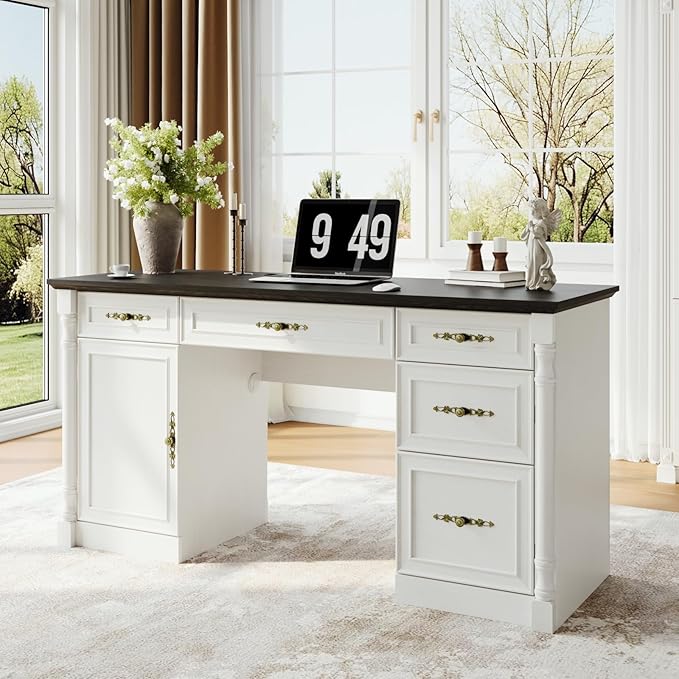 60 Farmhouse Executive Desk with Charging Station Home Office Desk with Drawers &amp File Cabinet Storage Keyboard Tray Wood Computer Desk with Storage for Work and Study Antique White