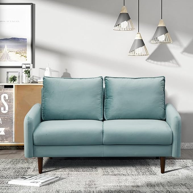 INSTORY Velvet Loveseat Mid-Century Modern Sofa Tufted Couch with Wooden Legs for Living Room - Cyan