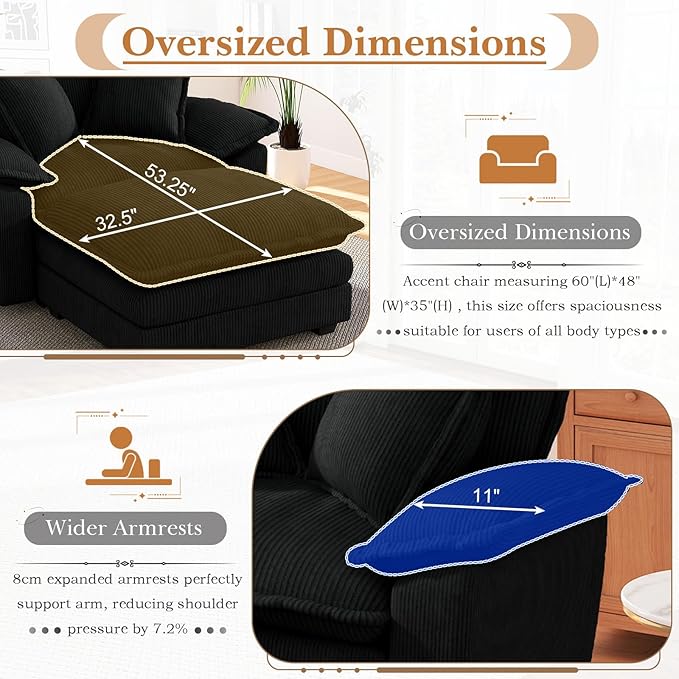 48 W Oversized Chaise Lounge Chair Indoor with Ottoman Upholstered Cloud Accent Chair with Extra Wide Armrests Comfy Green Corduroy Sleeper Chair for Living Room Bedroom Reading (Black)