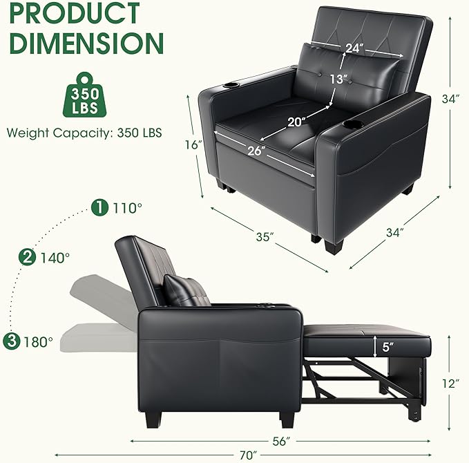 AILEEKISS 3 in 1 Convertible Sleeper Chair Bed Pull Out Sofa Chair Bed with Cup HoldersUSB &amp Type C PortsSide Pockets Linen Fabric Sleeper Single Sofa Couch for LivingroomApartmentOffice (Blac