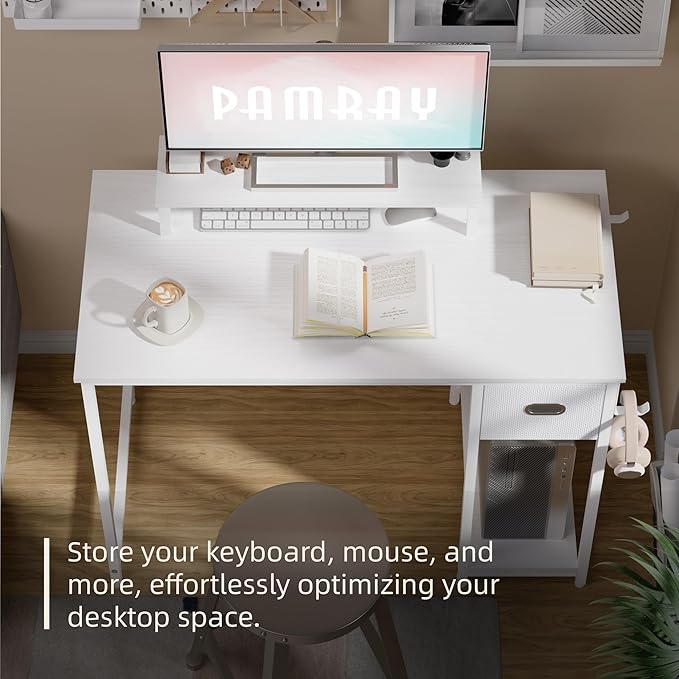 Pamray 39 Inch Computer Desk with Monitor Stand Small Home Office Desks with Non-Woven Storage Drawer for Bedroom Study Table Writing and Work Desk WhiteWhite Leg