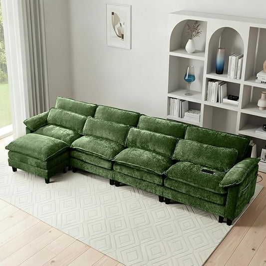 148'' Modular Sectional SofaL Shaped Couch with Movable Ottoman Comfy Cloud Sofa with Deep Seat 4 Seat Convertible Sectional Couches for Living Room with USB Charging &amp Side Pockets(Green)