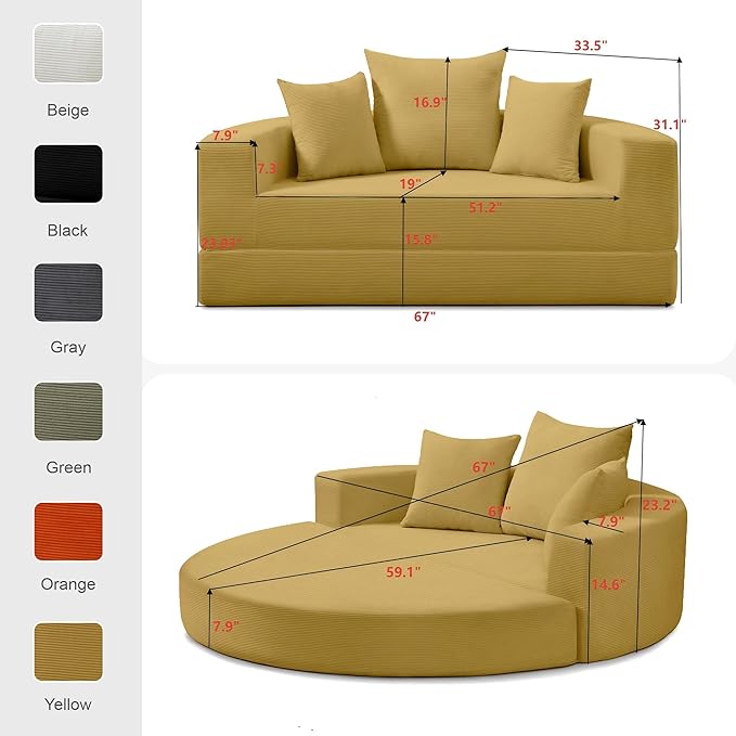 Casaphoria 67'' Sleeper Sofa for Small SpacesConvertible Foldable Couch Bed with ArmrestsSpace Saving Guest Bed for ApartmentsDormsLiving Room(Yellow)