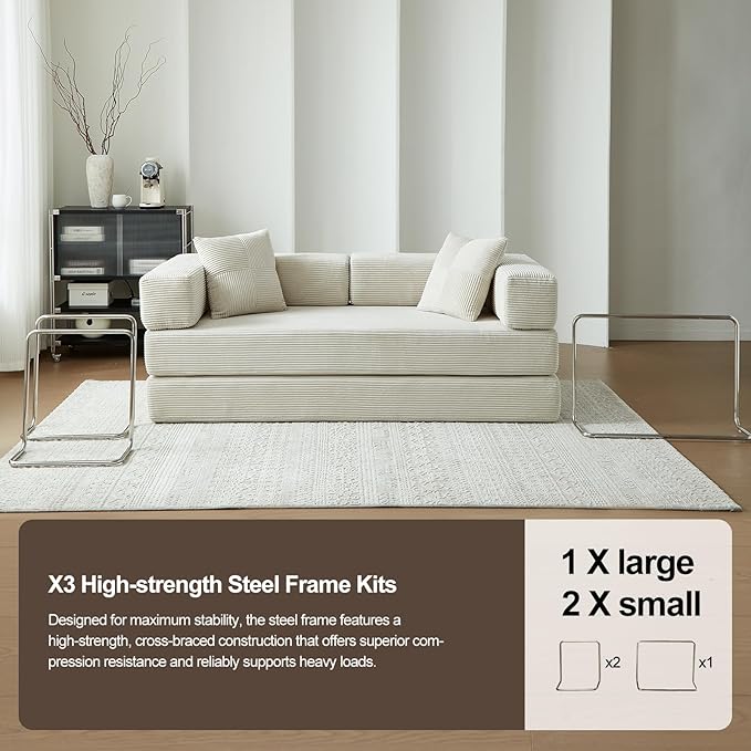 79 Boneless Sofa Bed 5-in-1 No-Assembly Convertible Sleeper Couch with Fixed Frame Armrests Modular Corduroy Futon Compressed in a Box for Space Saving (Beige Includes 2 Pillows)