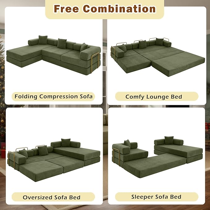 108 W Corduroy Modular Cloud Couch with Fixed-Shape Frame Oversized L-Shaped Sectional Sleeper Sofa Bed with Pull Out Bed No Assembly Modern Floor Boneless Couch for Living Room (Green)