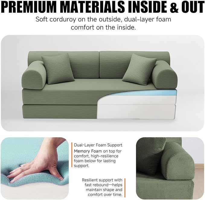 78.8 Boneless Memory Foam Couch Corduroy Convertible Floor Sofa Bed Fold-Out Sleeper Futon Loveseat Wide Armrests &amp Supportive Back 1200 lb Couch in a Box 2 Pillows Light Green