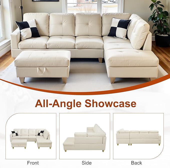 L Shaped Couch Faux Leather Sectional Couch Upholstered 3 Pieces Sofas for Living Room with Chaise Ottoman with Storage for Office and Small Apartment White
