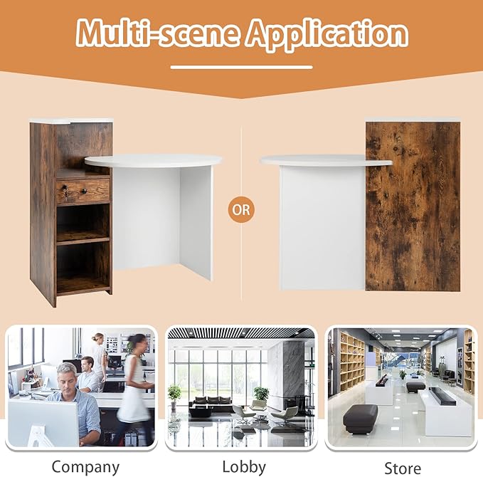 Reception Desk Front Desk Reception Counter with Oval Desktop Open Shelf &amp Lockable Drawer Small Retail Checkout Counter Table Wood Computer Workstation for Home Office Lobby &amp Salon