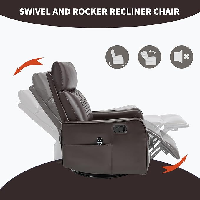 KEIKI Swivel Rocker Recliner Chair with Massage and Heated Pad for Living Room Synthetic Leather Glider with 360 Degree Rotation and Manual Recline