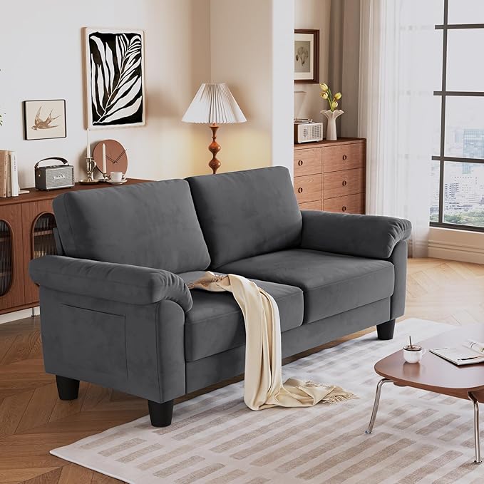 Vesgantti 70 Living Room Couch Sofa Mid Century Modern Loveseat Velvet Deep Couches for Small Spaces Bedroom Apartment Office Removable Sofa Cover Spring Cushions Easy to Install Grey