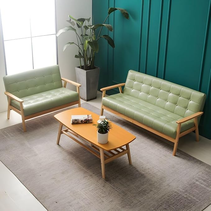 Modern Mid-Century Modern Faux Leather Loveseat Sofa with Tufted Back in Solid Color for Living Room Apartment and Small Space Tangerine Oiled Leather 44.5 L x 25.5 W x 27.5 H Natural Wood Leg