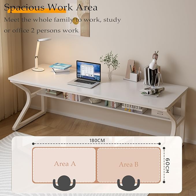 Extra Long Desk with Bookshelf - 71 Double Long Writing Table for 2-Person Workstation Modern Study Work Computer Desk for Home and Office Warm White