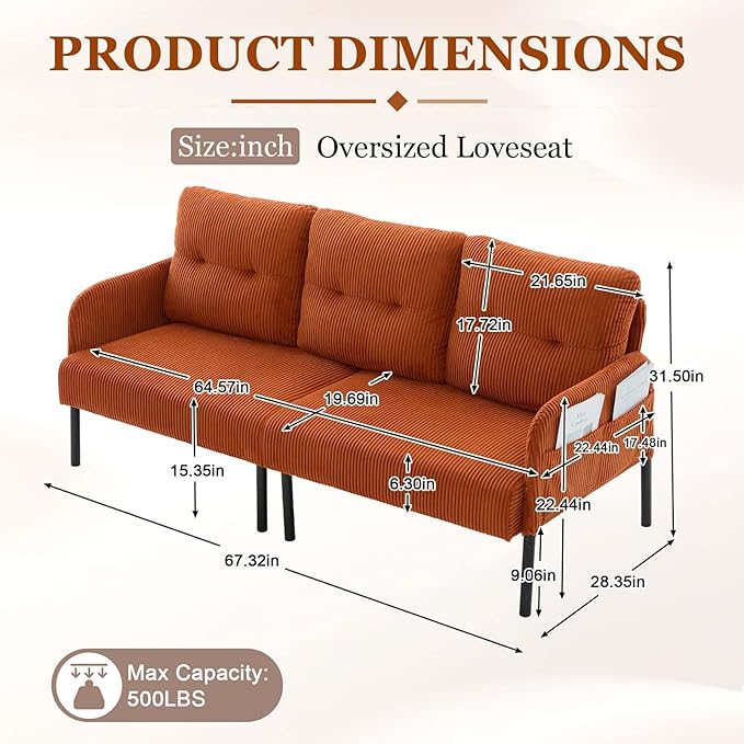 Loveseat Sofa 67” Small Sofa Couch for Living Room Comfy Corduroy Fabric Love Seat for Bedroom with Throw PillowRemovable Cushion CoverCouches for Small SpaceApartmentDorm (Orange)