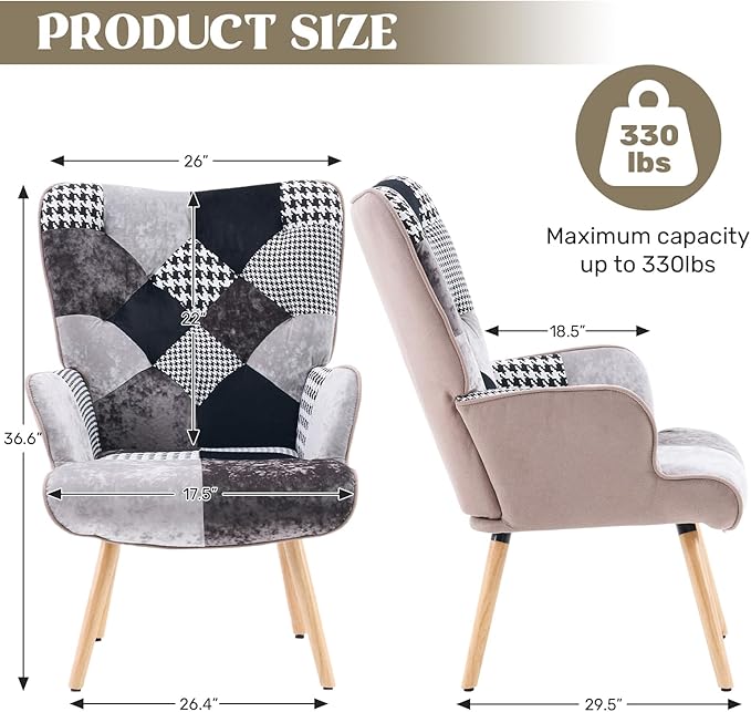 Joysoul Living Room Accent Chair Modern High Back Arm Chair Houndstooth Pattern Bohemian Style Chairs for Bedroom Waiting Room