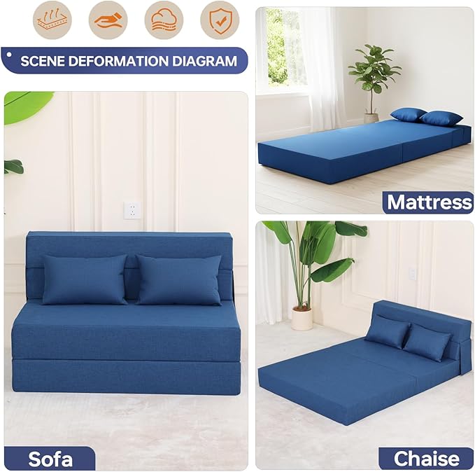 Folding Sofa Bed Foldable Sleeper Chair with Pillow Convertible Fold Out Chair Bed with Washable Cover Foldable Mattress for Living Room Bedroom Guest Room Standard Size Blue