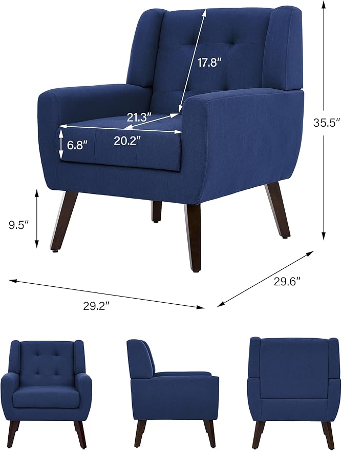 Accent Chair Comfy Mid Century Modern Small Armchairs with Solid Wood Frame and Soft Cushion for Living Room Bedroom (Fabric Blue Set of 4)