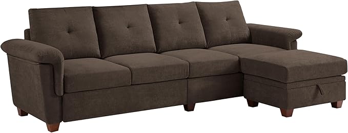 Convertible Sectional Sofa with Storage 4 Seat L Shaped Couch with Chaise and Cup Holder Modern Microfiber Fabric Sofas Couches for Living Room Dark Coffee