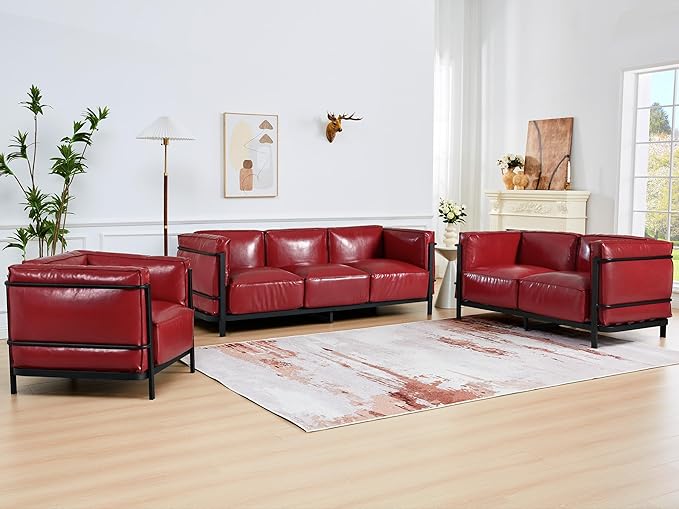 QHITTY 3 Seater Sofa Mid-Century Modern Upholstered Couch Chair Faux Leather Sofa Couch with Iron Frame and Upholstered Armrest Backrest Cushion for Living Room Office Apartment (Burgundy)