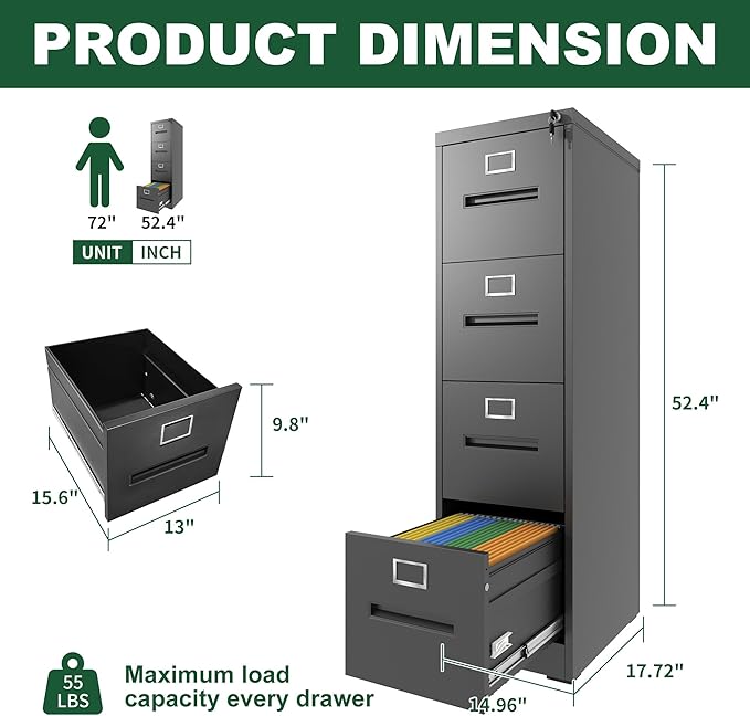 4 Drawer File Cabinet with Lock Metal Vertical File Cabinet Office Home A4 Legal/Letter Size Narrow File Cabinet LockedAssembly RequiredBlack