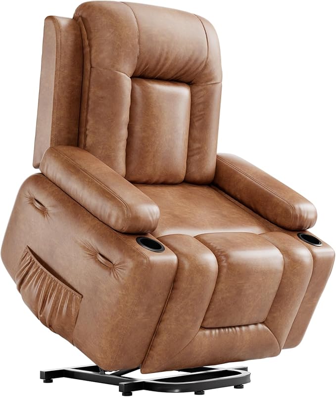 Power Lift Recliner with Heat and Massage – Adjustable Reclining Chair for Elderly with Cup Holders Side Pockets and USB Port for Living Room 22 Seat Brown