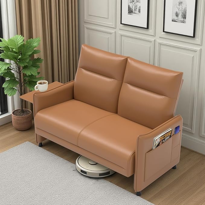 Faux Leather Small Loveseat Sofa Small Sofa 2 Seater Couch with Flip Up Tray Table Side Pockets Elastic Cushion Perfect Loveseat Couch for Bedroom Living Room or Office Brown
