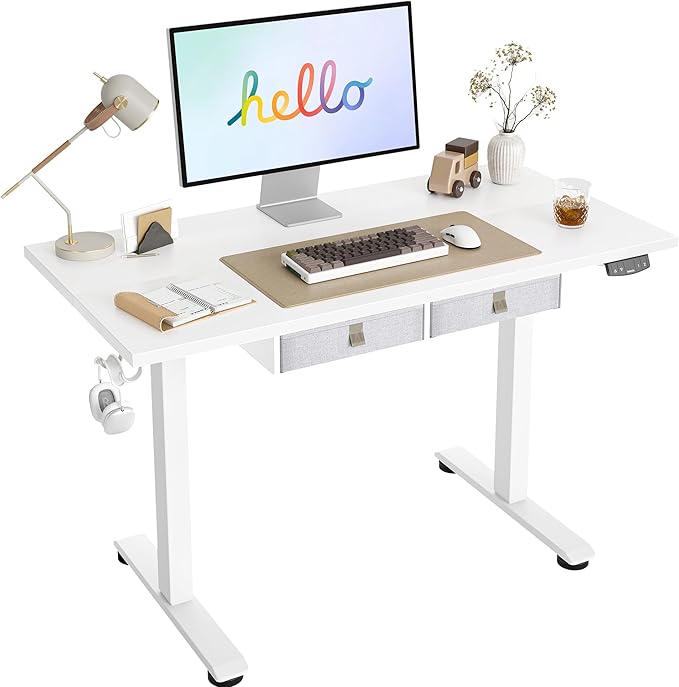 Agilestic Standing Desk with 2 Drawers Adjustable Height Electric Desk with Storage 48 x 24 Inches Sit Stand Up Computer Table for Work Office Home White