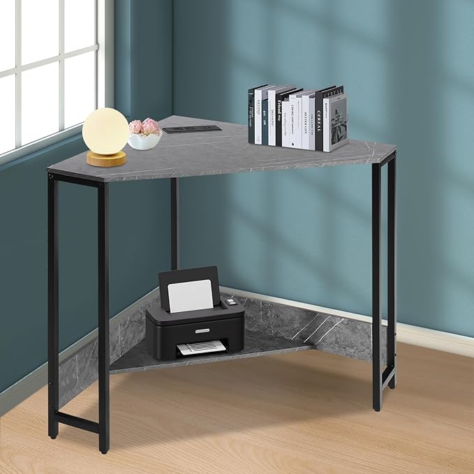 Small Corner Desk with Outlet Corner Table for Small Space Industrial Computer Desk w/USB Ports Triangle Desk for Home Office Workstation Living Room Bedroom (Grey)