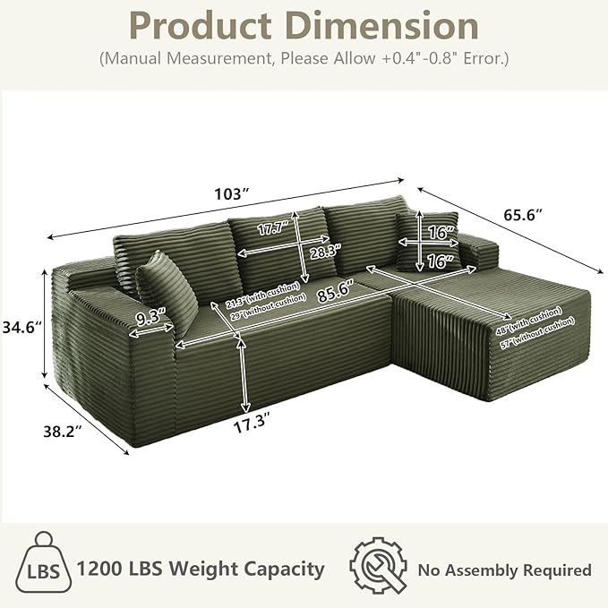 103 Cloud Sectional Couch with Chaise Lounge L Shaped Modular Modern Sofa Comfy Corduroy Fluffy Sofa with Deep Seat No Assembly Required Foam Couch for Living Room(Green Right Facing Chaise)