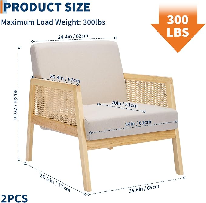 GarveeHome Mid-Century Farmhouse Accent Chair - Wood Armchair with Rattan Backrest &amp Linen Cushion for Living Room Bedroom - Beige Easy Assembly (1 White-A)