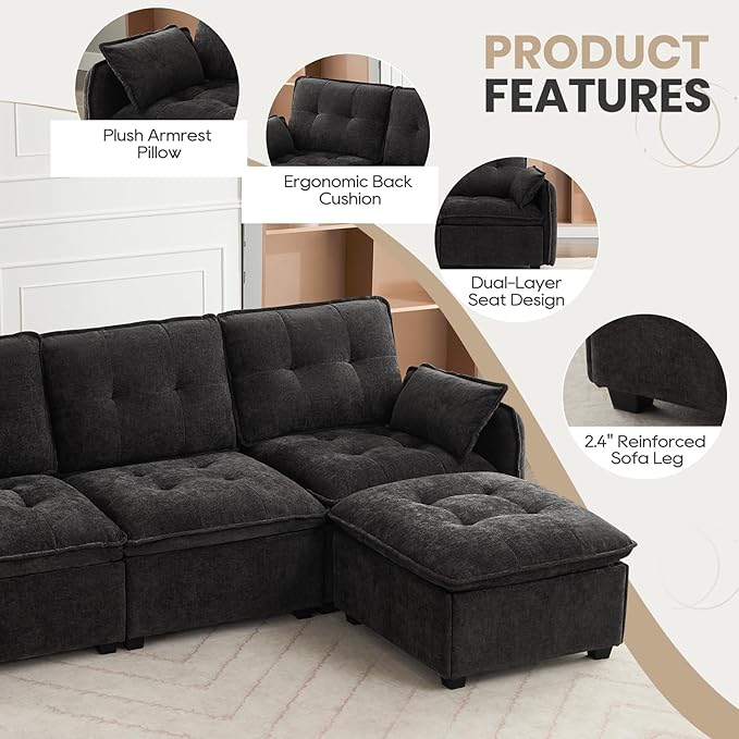 98'' Modular Sectional Cloud Couch with Movable Ottoman 3-Seater Chenille Deep Seat Sofa with Throw Pillows L Shaped Sectional Couches for Living Room Apartment(Black 3-seat)