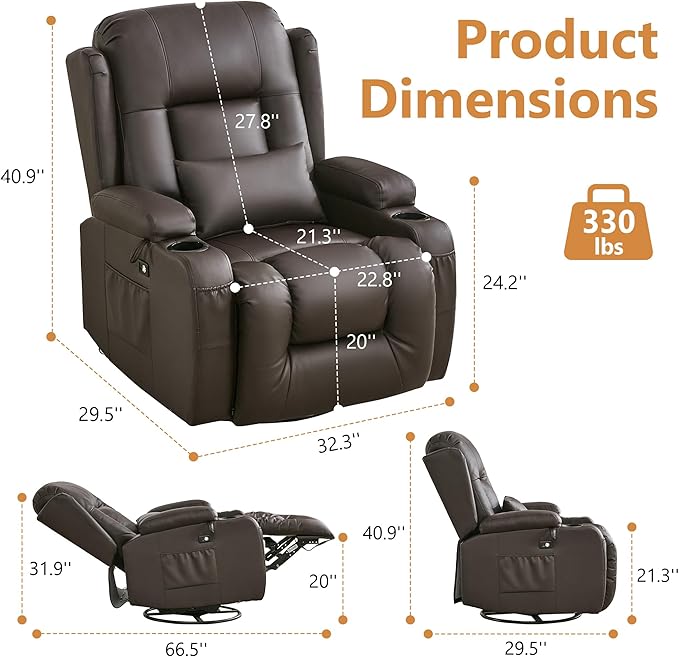 URRED Rocker Recliner Chair for Adults 270° Swivel Glider Reclining Single Sofa with LED Ambient Light Cup Holders and Side Pockets Faux Leather Recliner for Living Room or Home Theater Brown