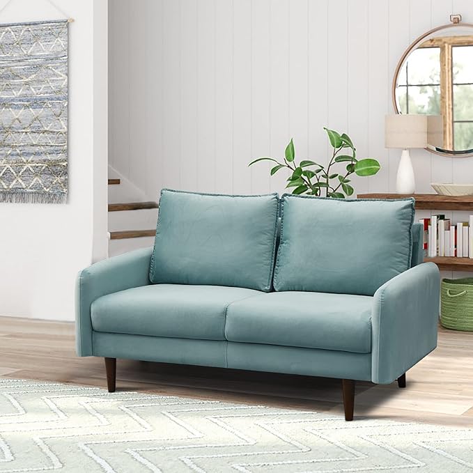 INSTORY Velvet Loveseat Mid-Century Modern Sofa Tufted Couch with Wooden Legs for Living Room - Cyan