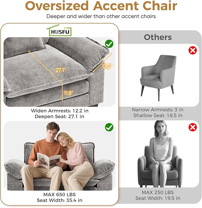 HUSFU 49.5'' Oversized Accent Chair with Ottoman Chenille Cloud Couch Chair with Deep Seat and Extra Wide Armrests Comfy Reading Armchair for Bedroom Living Room Set of 2 Gray