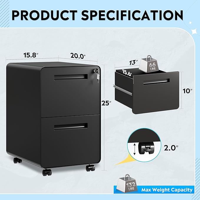 DEVAISE 2-Drawer Rounded Corner Metal File Cabinet with Lock Mobile Filing Cabinet Under Desk for Home Office Fully Assembled Printer Stand fits Letter/Legal Size Black 20 D x 15.8 W x 25 H