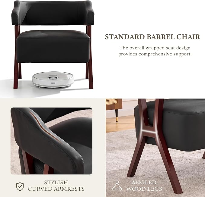 STHOUYN Leather Accent Chairs Barrel Chair with Solid Wood Frame Mid-Century Modern Wooden Armchair with Wraparound Back Comfy Office Reading Chair for Living Room Bedroom (1 Black)