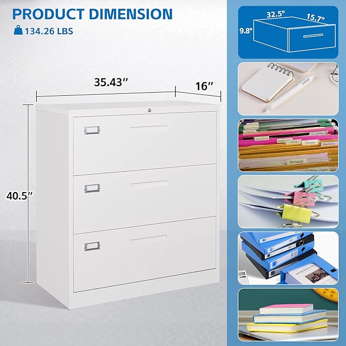 Lateral File Cabinet 3 DrawerMetal Storage File Cabinet with LockSteel Lateral File Cabinet for Legal/Letter A4 SizeWide File Cabinet for Office HomeAssembly Required