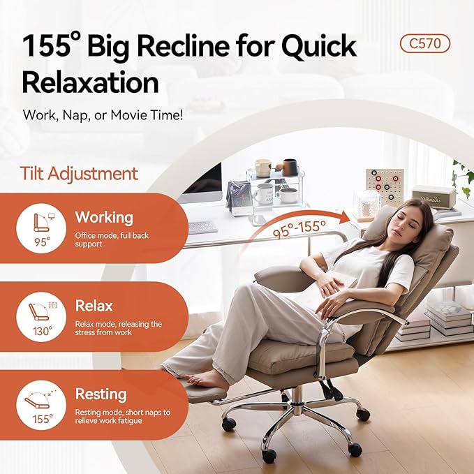 LEAGOO Office Chair with Foot Rest Executive Reclining Office Chairs with Arms Ergonomic High Back PU Leather Comfy Swivel Computer Desk Chairs with Wheels and Lumbar Support for Home Office Tan