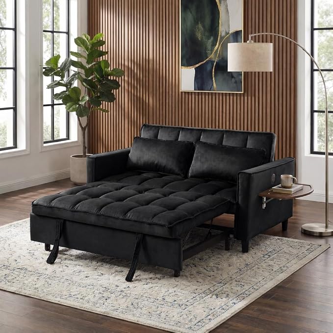3 in 1 Sofa Bed Pull Out Couch with Side Pockets Loveseat Sleeper Sofa Bed with Side Table Pull Out Couch with USB Ports for Living Room Bedroom Apartment Black