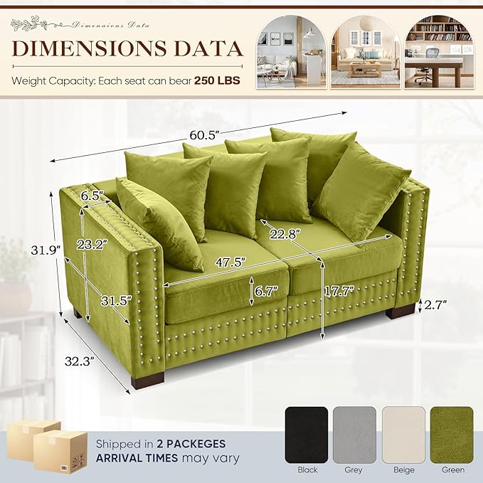 60.5W Loveseat Sofa Velvet Mid Century Modern Couch with Storage Upholstered Deep Seat Chesterfield Couch with Nailhead Trim &amp Pillows 2-Seat Comfy Sofa for Living Room Bedroom Apartment(Gre