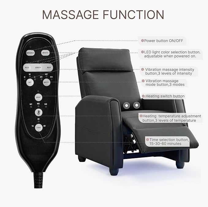 Recliner Chair for Adults Push Back Armchair Home Theater Seating with Lumbar Support Single Sofa for Living Room with Massage &amp Heat Vibration Black(PU Leather with Lights)