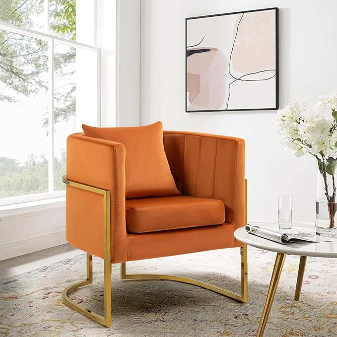 Velvet Modern Living Room Accent Chairs Set of 2 Upholstered Mid-Century Barrel Chairs for Bedroom Side Club Reception Chairs with Gold Metal Legs Orange