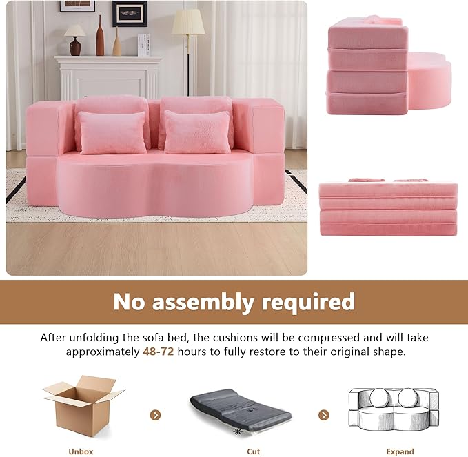 2-in-1 Folding Sofa Bed with Pillow No Assembly Futon Twin Size Sofa Bed Breathable Velvet Convertible Couch Bed for Living Room and Guest Room 78.7 Inch Pink