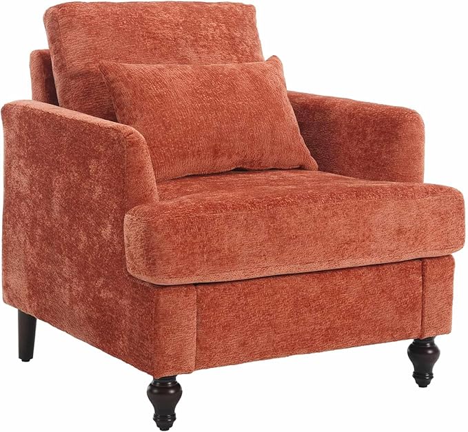 Wood Frame Armchair Modern Accent Chair Lounge Chair for Living RoomTufted Club Chair Mid Century Modern Arm Chairs with Studded Solid Wood Frame for Bedroom Reading (Orange Chenille)